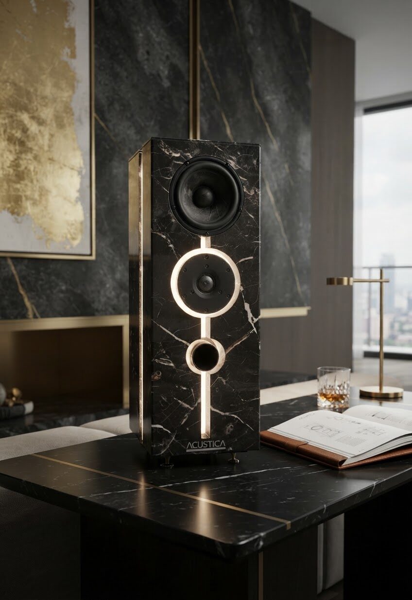 Il diffusore Vox Lucis in Noir Saint Laurent su un tavolo di marmo nero, di sera: l'anello luminoso attorno al tweeter, la linea verticale e la luce che corre lungo lo spigolo
