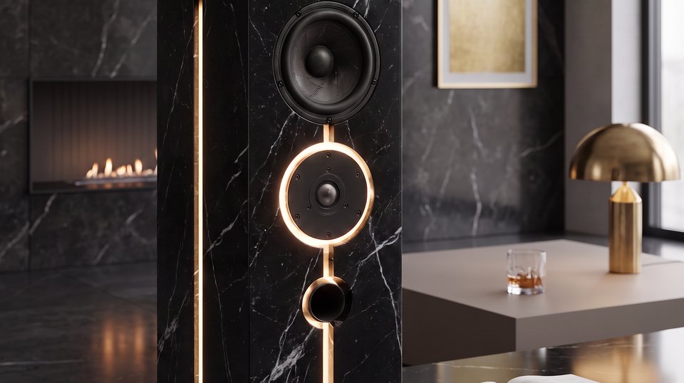 Vox Lucis in Nero Marquina, in un soggiorno, con la luce accesa.
