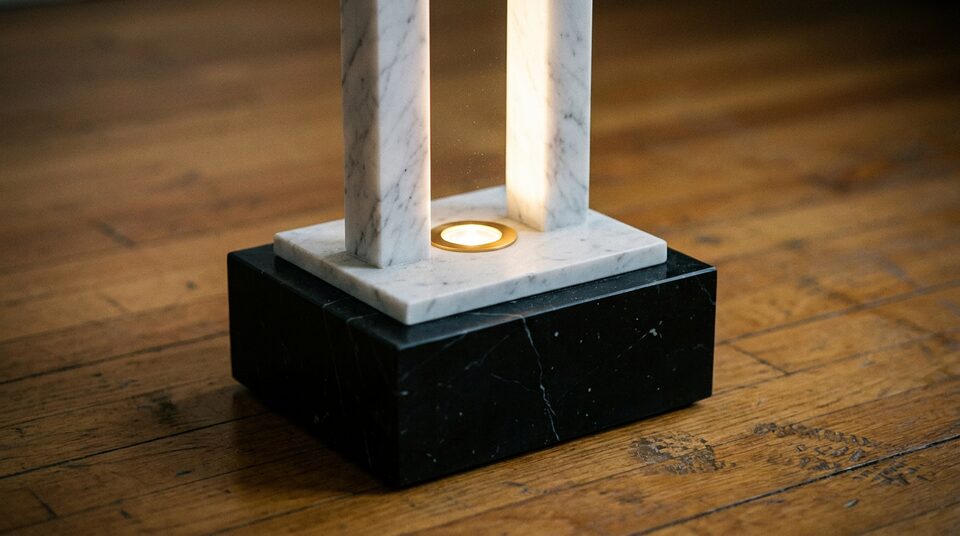 Il basamento di Stele Lucis, con la luce fra i due montanti bianchi