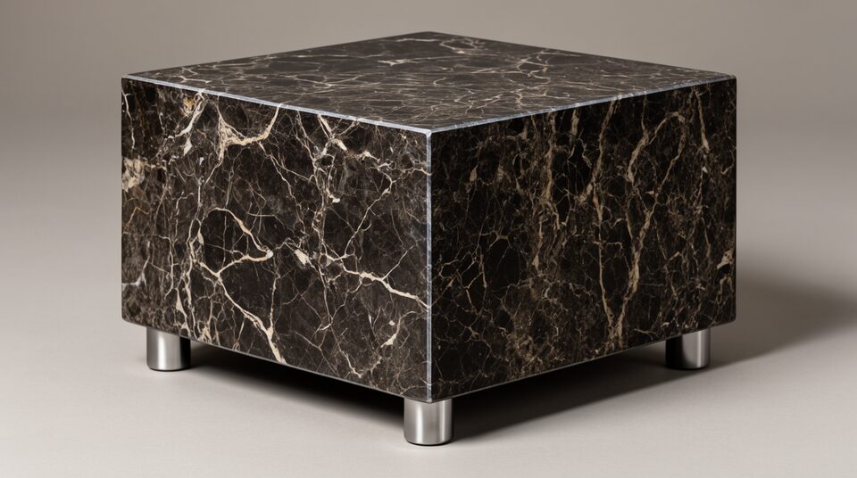 Il subwoofer Basis Gravis 200 in marmo scuro, visto di fronte