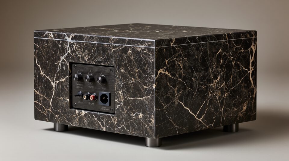 Il retro del Basis Gravis 200: la piastra dell’amplificatore in acciaio inox spazzolato incassata nel marmo